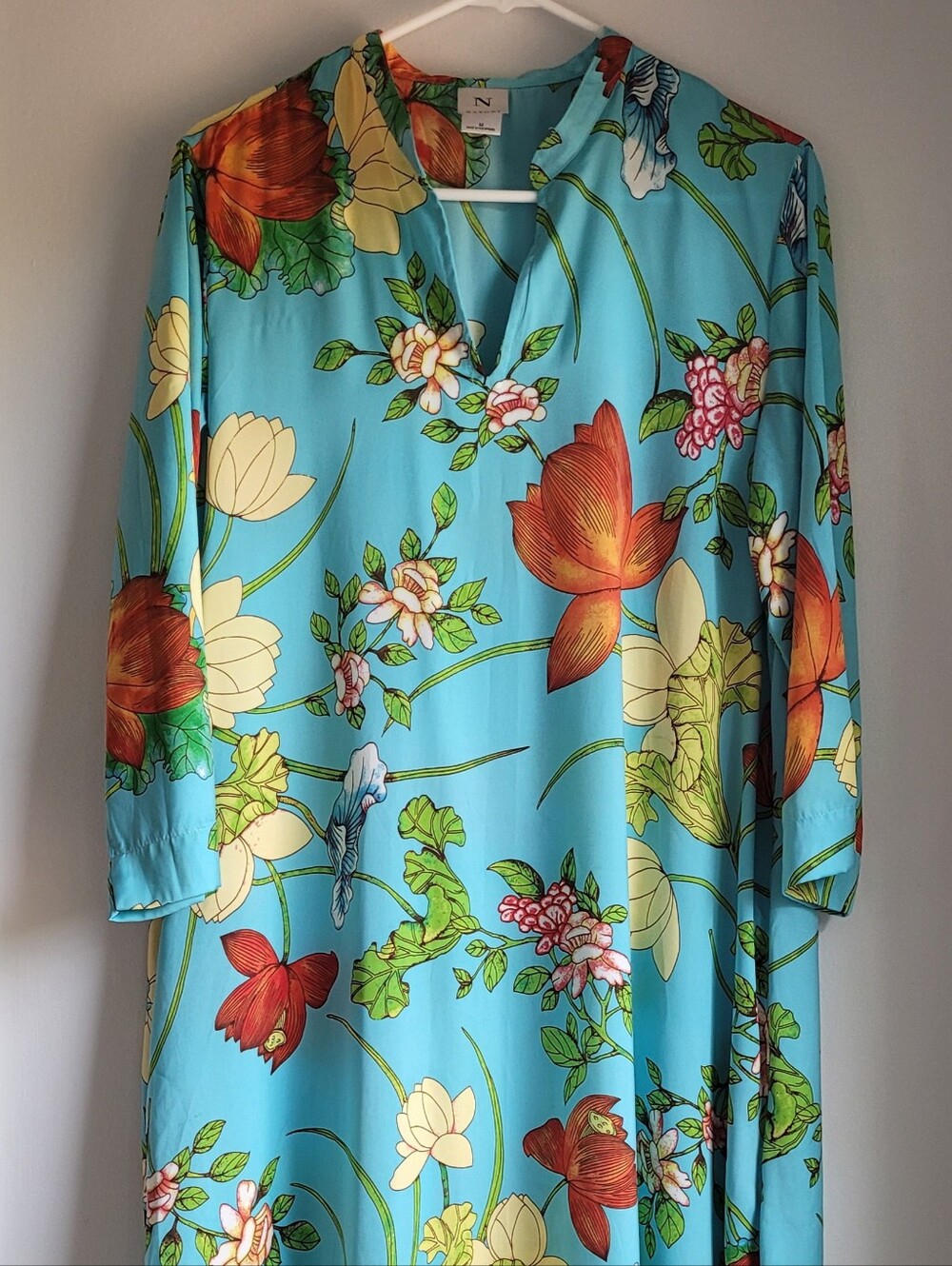 NATORI Floral V-Neck Robe Dress Night Gown Aqua with Orange Floral Size M